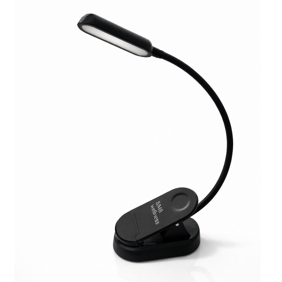LUM8 Wind Down Reading Light — flexible neck clip-on book light, angled view